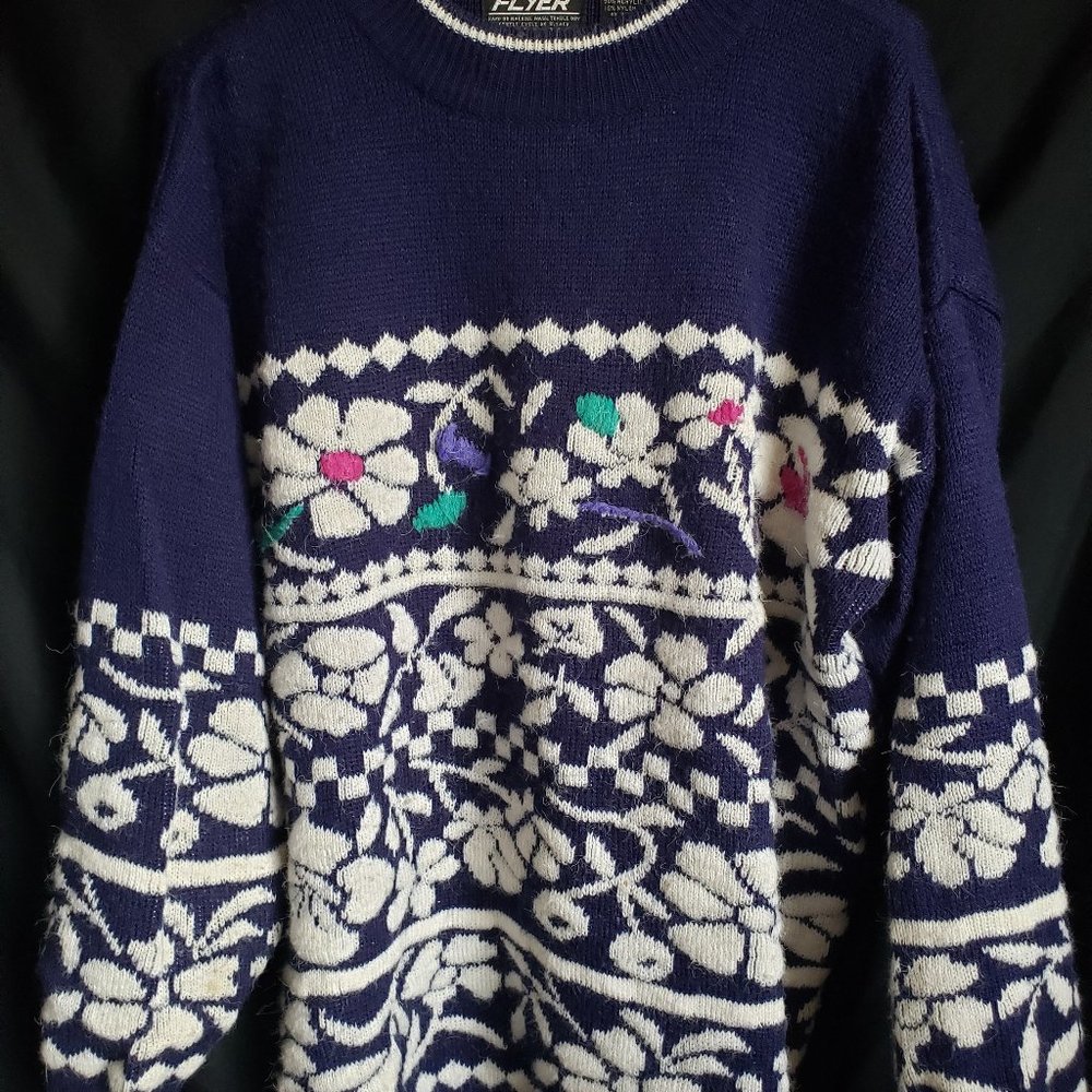 Flyer Acrylic Sweater Vintage Navy Daisy Pattern
